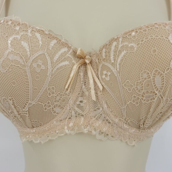 Rene Rofe 34C Push Up Bra Beige Lace Bow Padded Underwire Removable Straps NEW - Picture 3 of 12